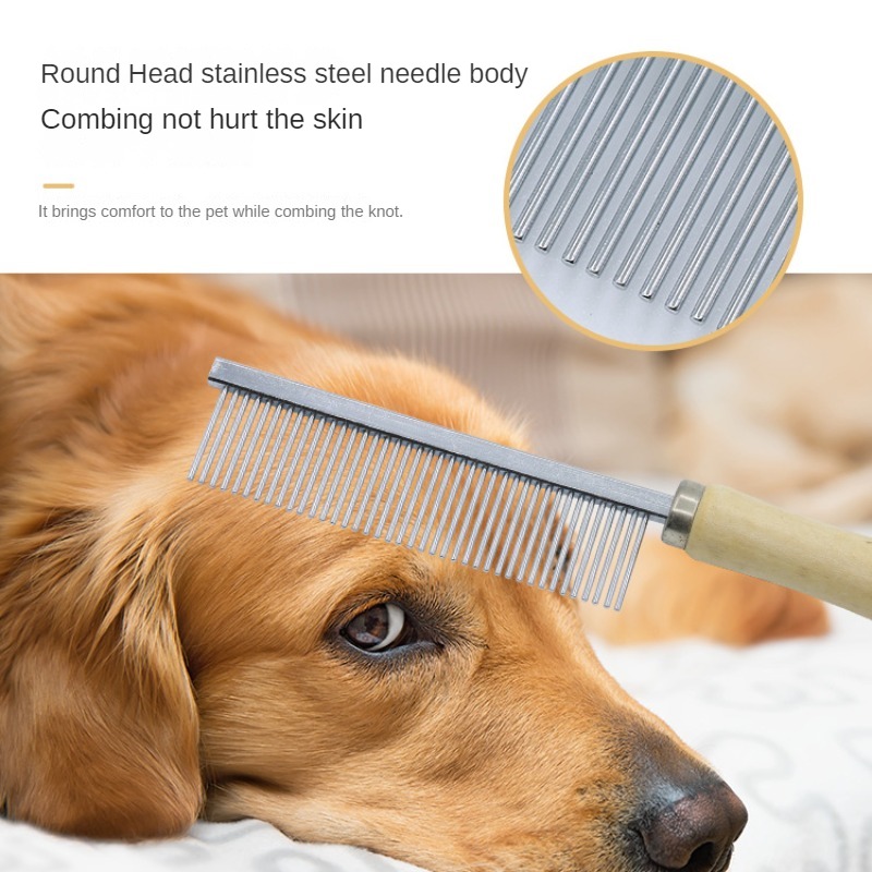 Pet Dematting Comb Stainless Steel Pet Hair Remover Cat Hair Comb Grooming Wooden Handle Cat Dog Comb Smooth Hair Kitten Brush
