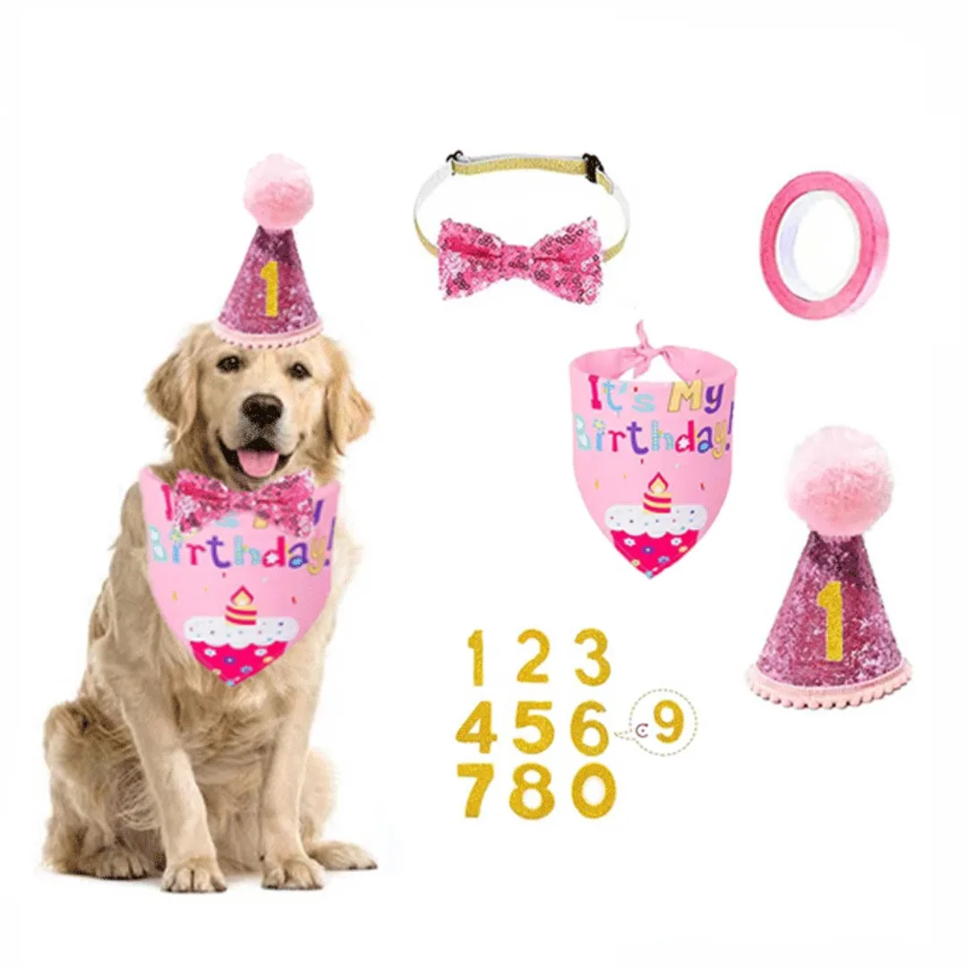 Pet Birthday Set with Golden Sequins Hat Bandana Birthday Party Banner Decoration Bow Tie Cat Dog Toys Festive Party Accessories