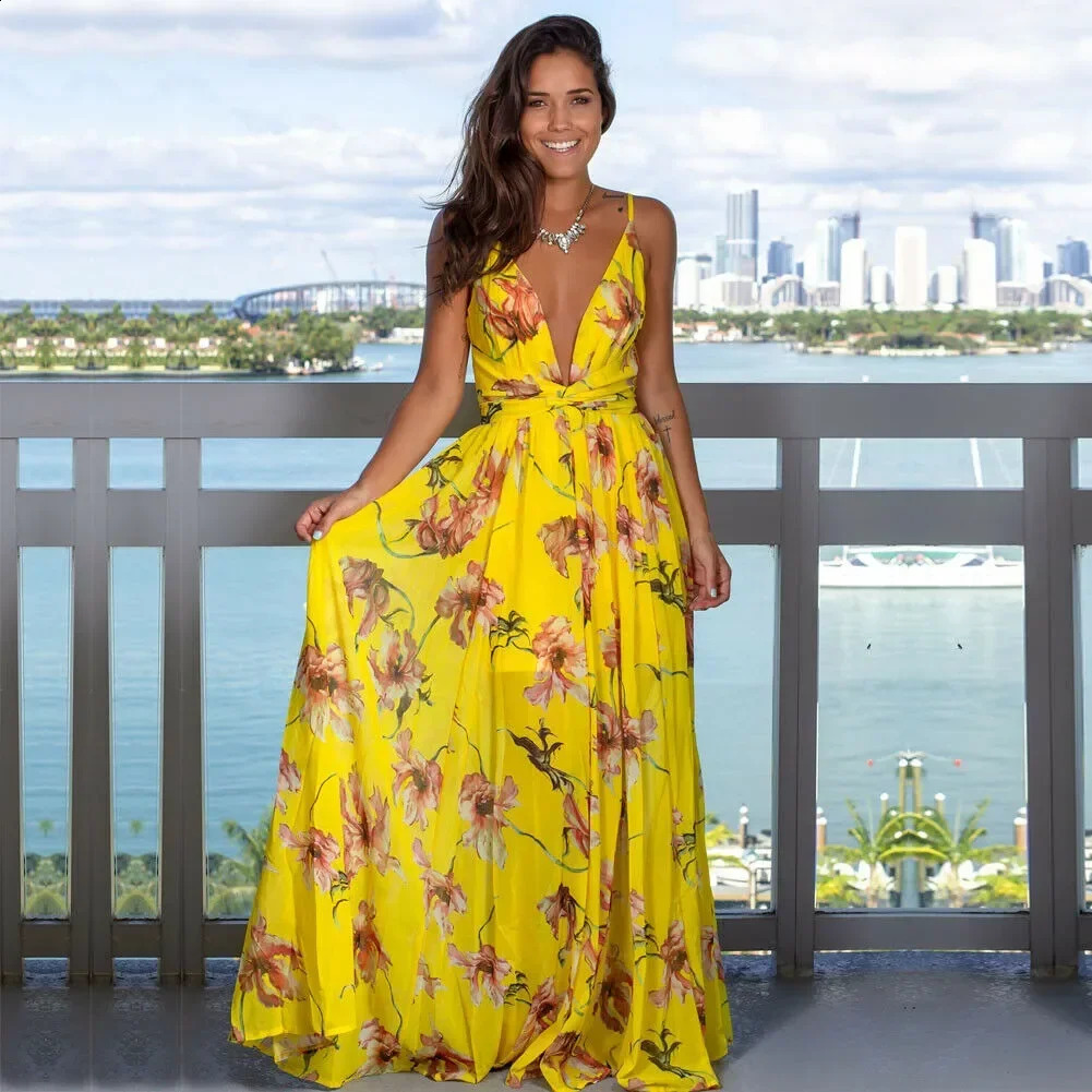 Womens Sling Floral Long Dresses Maxi Dress Casual Sundress Print Arrival Summer Boho V-neck Sleeveless Party Beach Style Type 241007