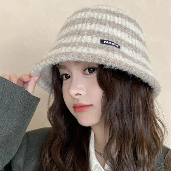 Striped Fishermans Hat Women Autumn Winter Warm Knit Hat Hundreds of Cute Simple Bucket Hat 241009