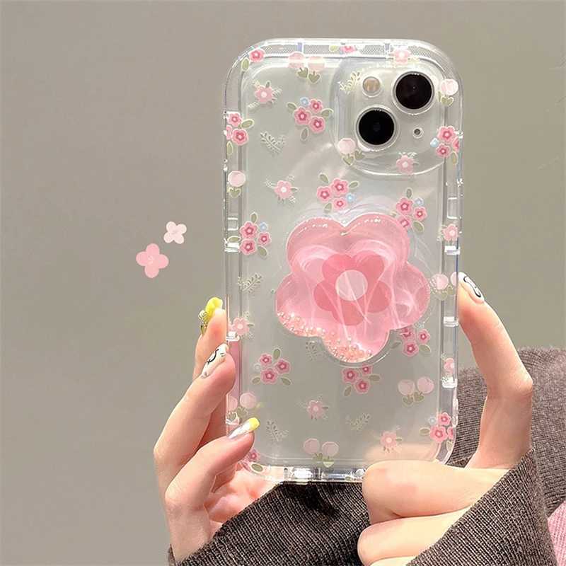 Cute Quicksand pink flower stand phone case suitable for iPhone 16 15 14 13 12 11 Pro Max XR X XS 7 8 Plus flower stand transparent soft cover CL24101