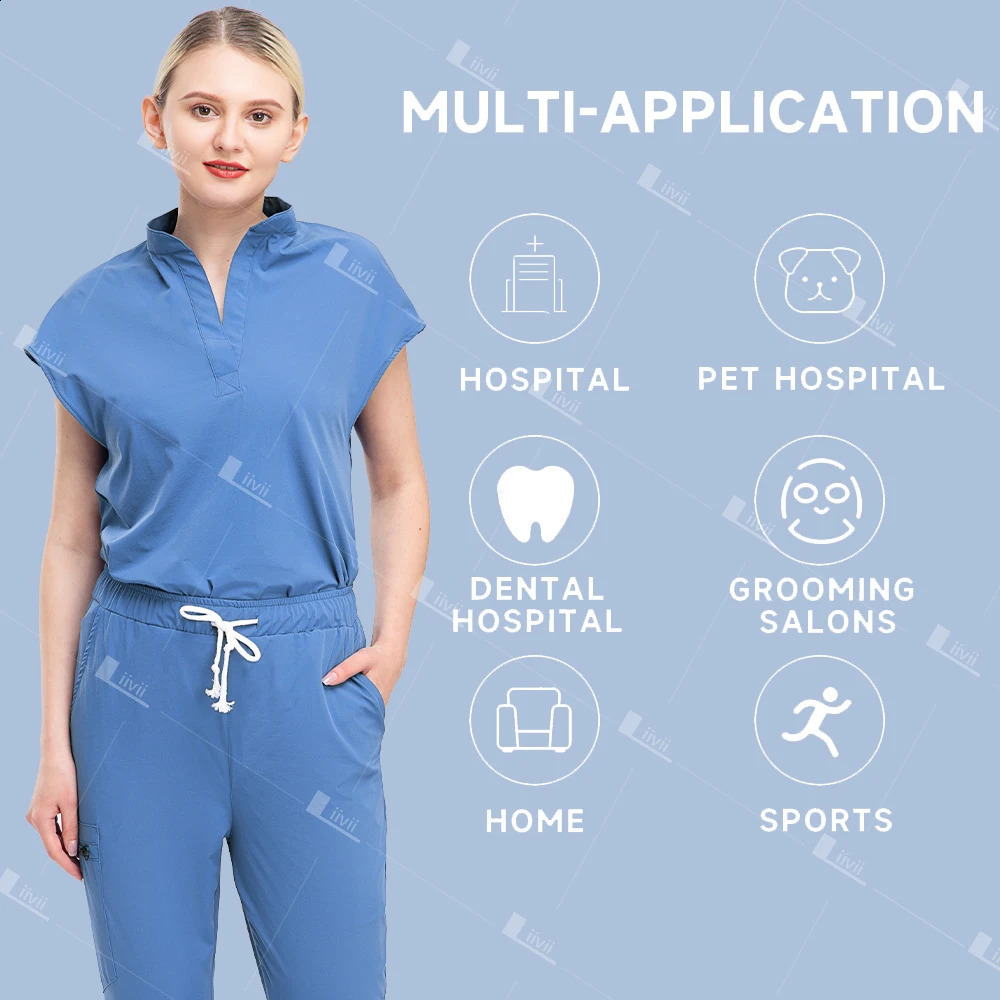 Scrubs Uniform Suit Short Sleeve Fashion Topjogger Pants Set Nursing Uniform Women Multicolor Pet Doctor Scrub Workwear 241014