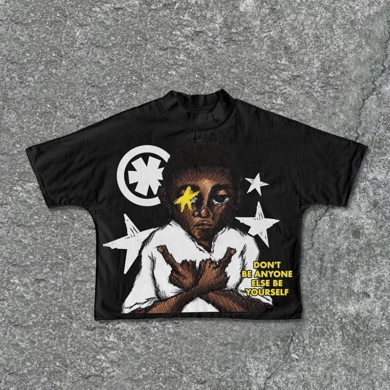 Street Be Yourself Draft Style Graphic Cropped T-Shirts Men Y2K Summer Short Sleeves Oversize Tshirt Streetwear Women Tops 241014
