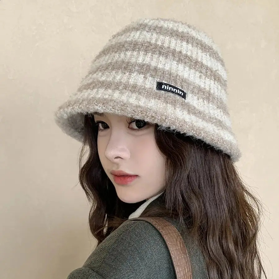 Striped Fishermans Hat Women Autumn Winter Warm Knit Hat Hundreds of Cute Simple Bucket Hat 241009