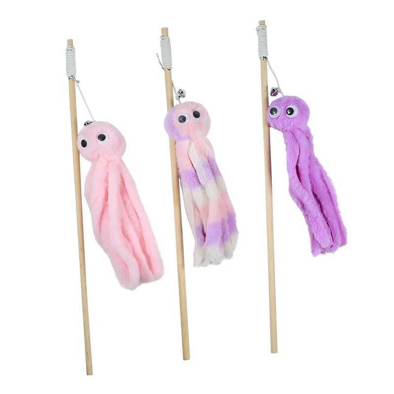 Pet cat toy Plush octopus shaped wooden cat-teasing stick with bellC241014
