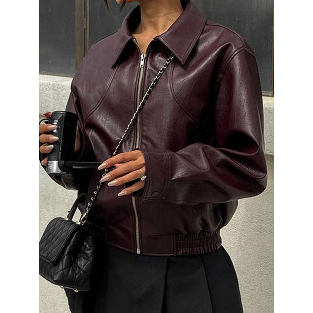 Vintage Leather Bomber Women Jacket O-Neck Zipper Pockets Female Coat 2024 Autumn Winter Fashion Long Sleeve Crop Lady Outwears
