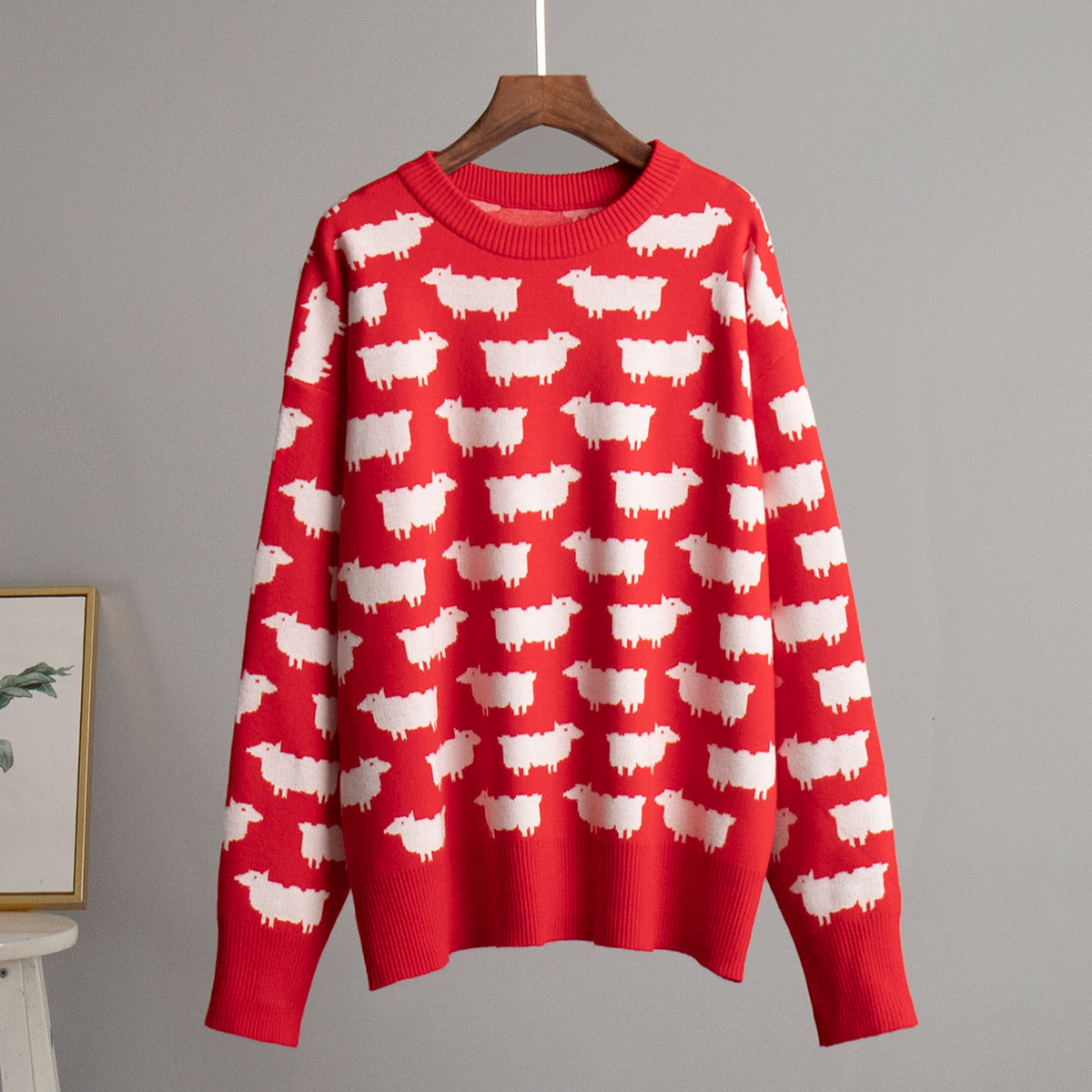 Elegant Women Sheep Printing Sweater Warm Knitted Classic O-Neck Pullover Tops Autumn Winter 2024 Streetwear Sweater
