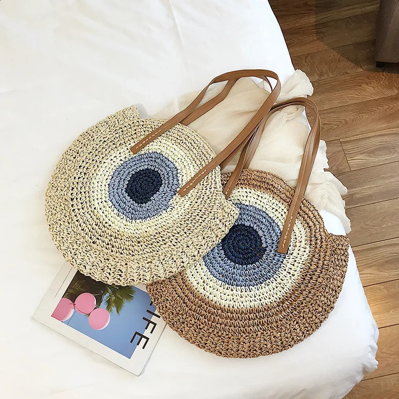 Large capacity round womens fashionable straw shoulder bag handmade summer beach travel holiday handbag 241014
