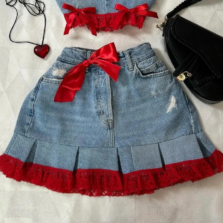 Gothic Skirt Two Piece Sets Womens Y2K Clothing Sexy Sweetheart Harajuku Bow Retro Blue Denim Skirt Slim Strap Top Tops Set 241014