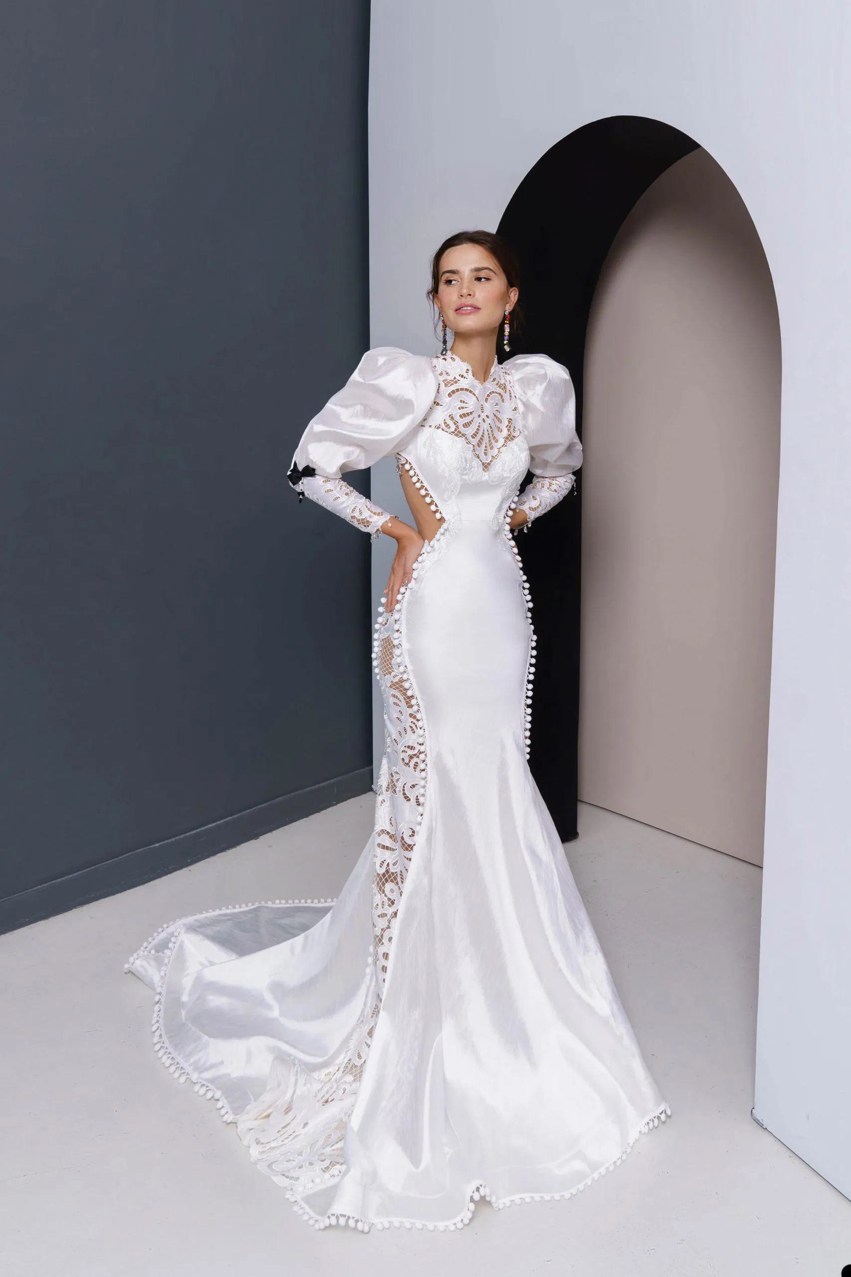 White Mermaid Wedding Dress, Long Sleeve, High Neck, Backless, Custom Made Bridal Gown