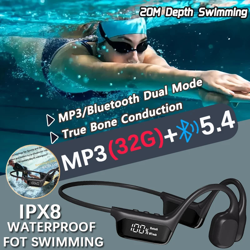 IPX8 Waterproof Swimming Bone Conductive Earphones Bluetooth 5.4 Low Frequency Wireless Earphones MP3 32GB Player Loop Fitness Earphones 241009