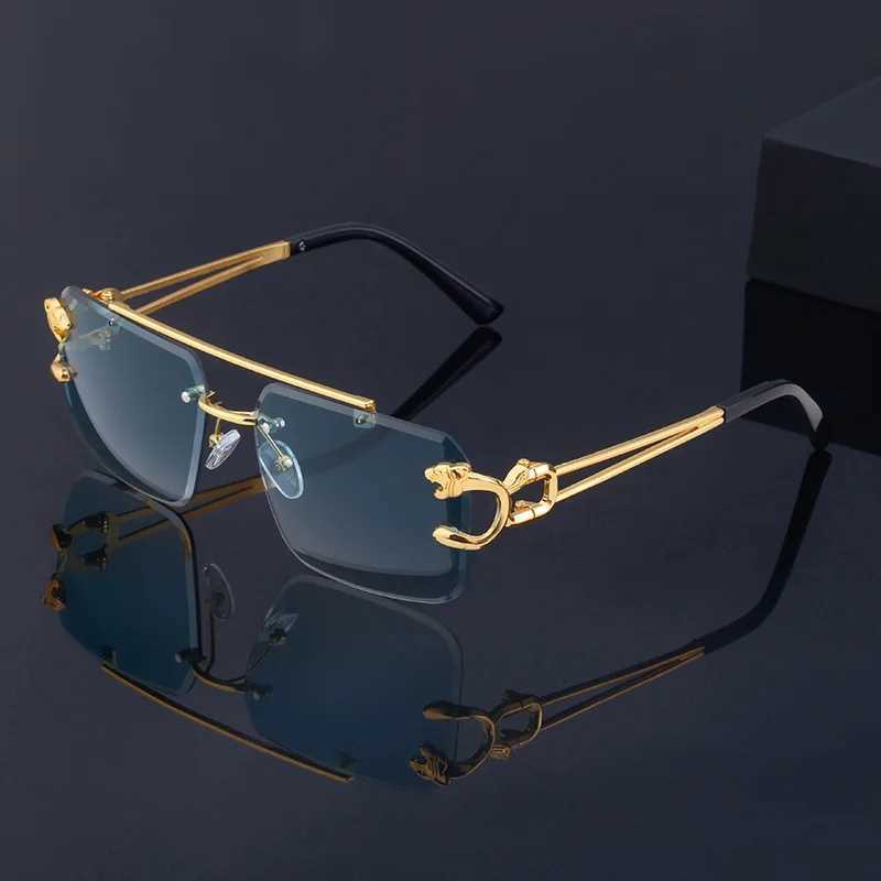 Retro frameless sunglasses for men fashionable oversized square sunshade glasses new dual bridge gradient UV400 sunglasses W241015