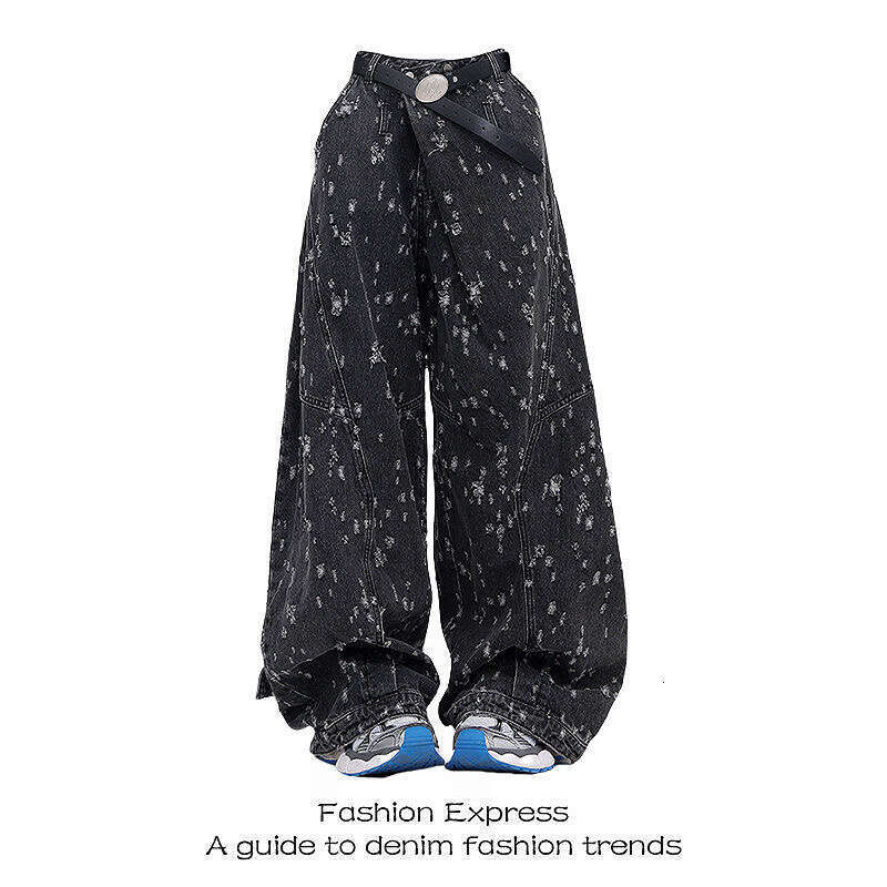 Autumn Vintage Hole Raw Trim Y2k 90S Baggy Black Jeans Women Streetwear High-Waisted Loose Washed Straight Wide-Leg Denim Pants
