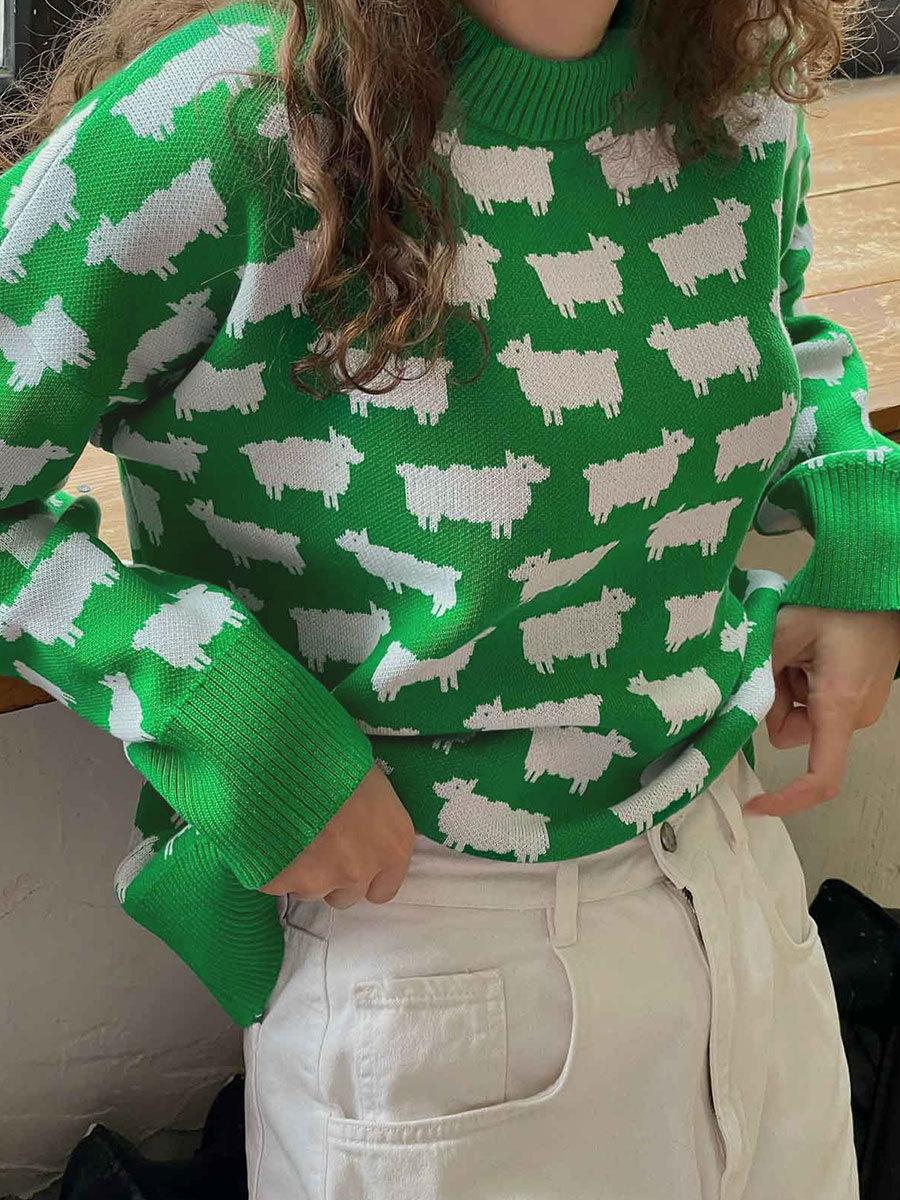 Elegant Women Sheep Printing Sweater Warm Knitted Classic O-Neck Pullover Tops Autumn Winter 2024 Streetwear Sweater