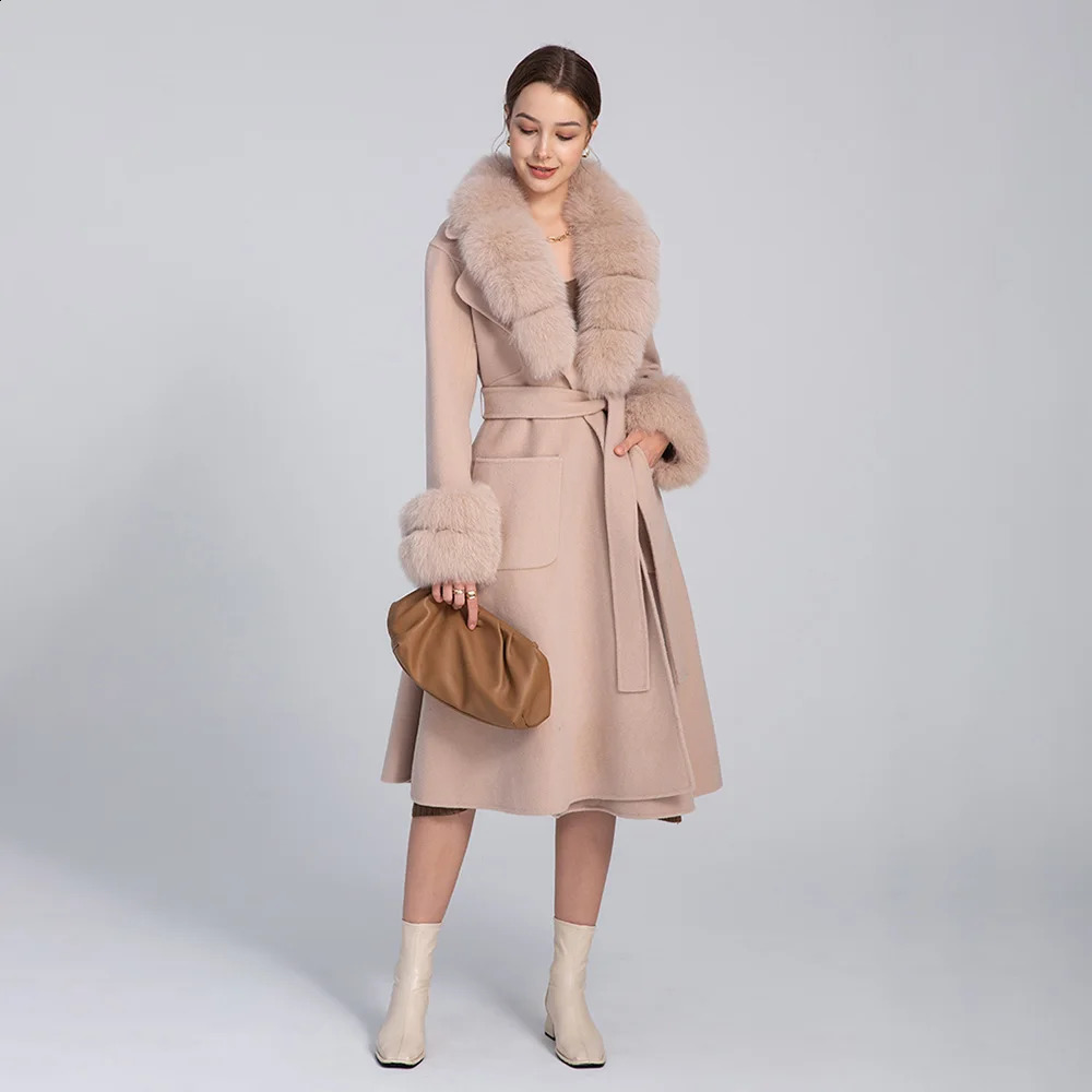 Womens Long Wool Coat Winter Long Hair Leather Jacket Detachable Fluffy Autumn Fox Fur Gough Womens Coat S3565 241015