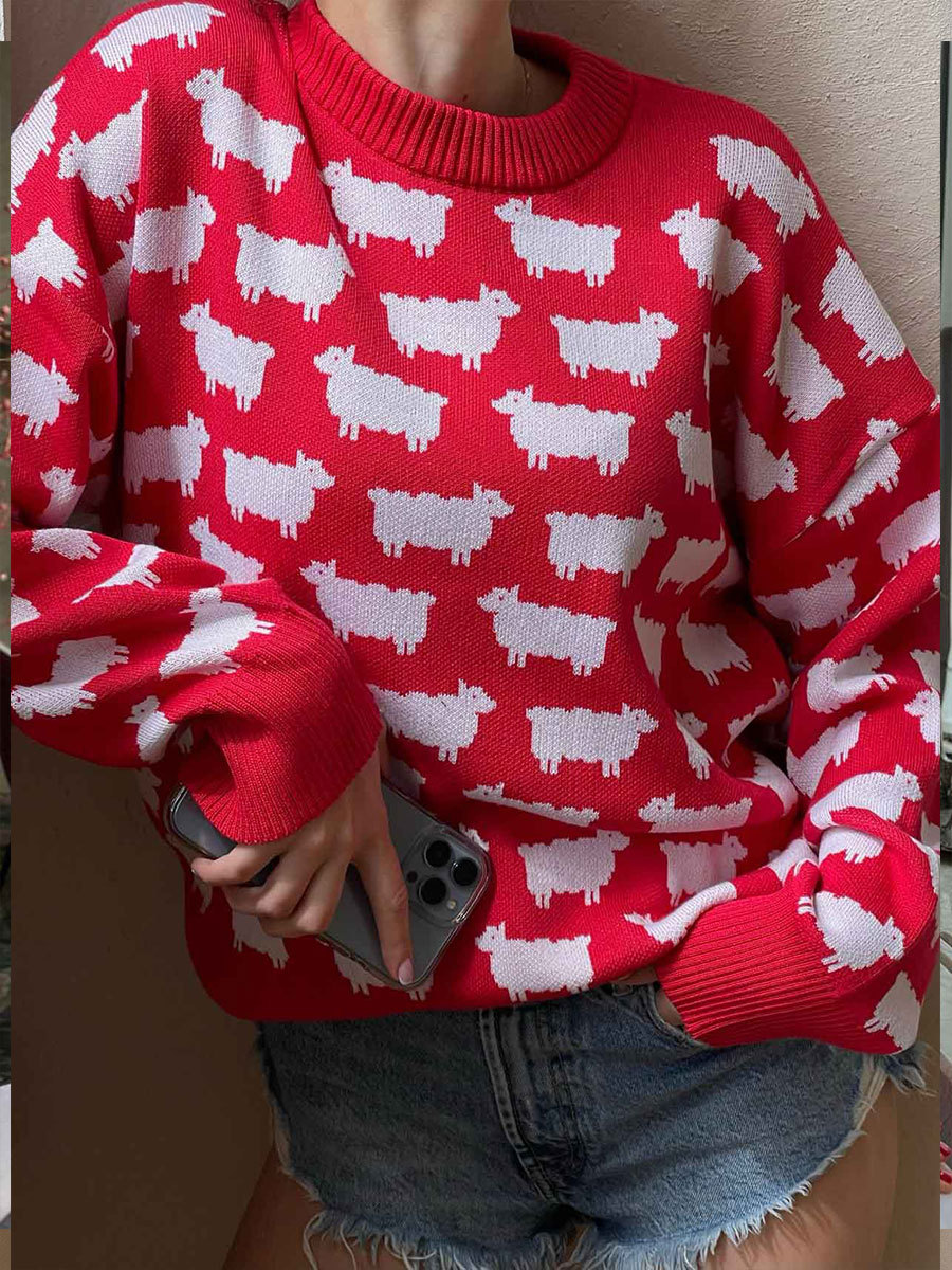 Elegant Women Sheep Printing Sweater Warm Knitted Classic O-Neck Pullover Tops Autumn Winter 2024 Streetwear Sweater