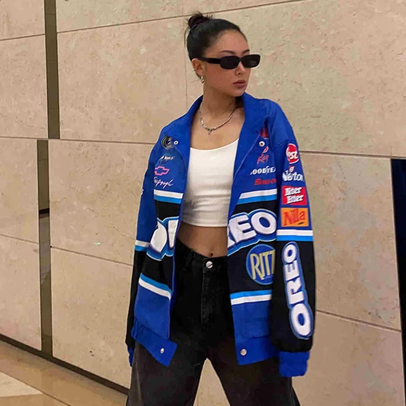Autumn Varsity Jacket Long Sleeve Motorcycle Jacket Racing Baseball Jacket Women Y2k Printed Casual Loose Coat Single-breasted 241009