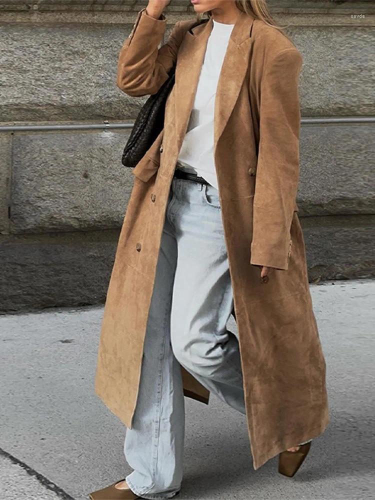 Elegant Suede Leather Long Trench Coats For Women - Chic Lapel Double Breasted Lady Oversized Jackets
