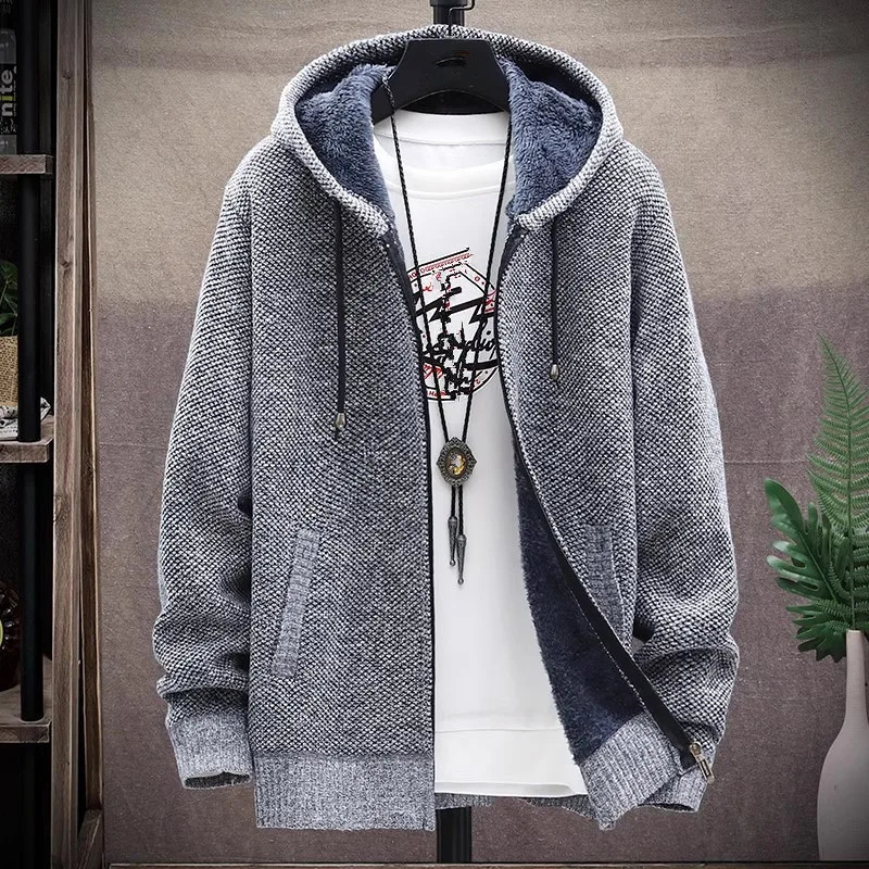 Men's Hooded Cardigan Knitted Sweater Winter Thick Fleece Warm Casual Knitwear Coat Solid Color Cardigan Men Hooded Sweaters 241010