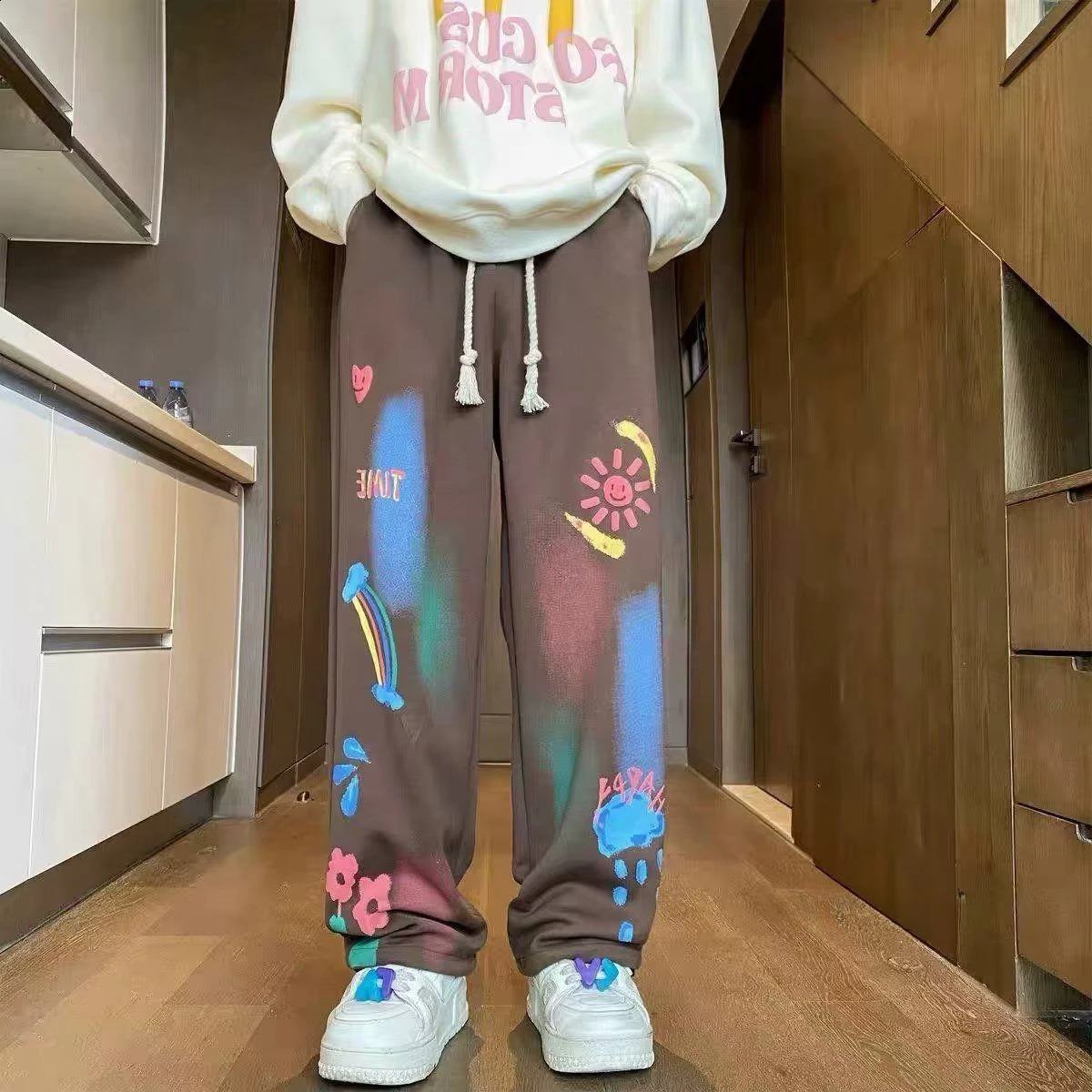 Mens Hip hop Trouser Straight Mens Sports Pants Draped Graphic Harajuku Korean Fashion Elastic Style Sports Pants 241007