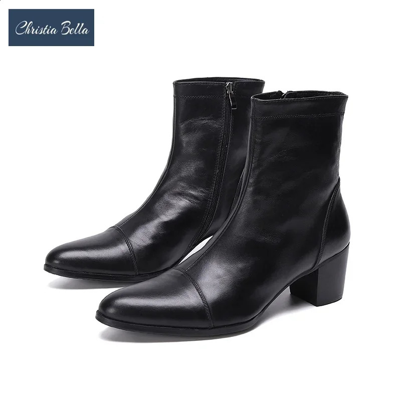 British style mens high heels plus size wedding ball formal shoes leather toe black short boots 241014