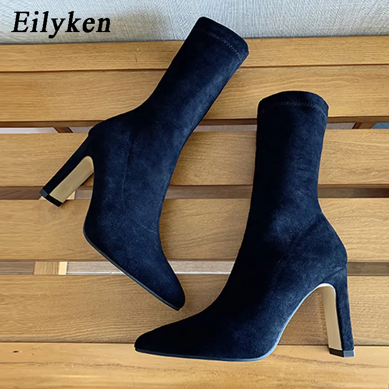Eilyken Plus Size 34-42 High Boots Sock Ck Women Sexy Thick Heel Female Winter Pointed Toe Ankle Booties Shoes