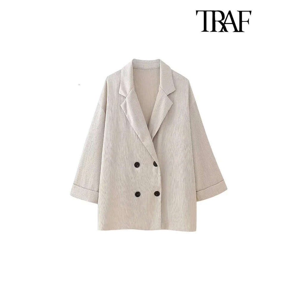 Traf-Women's Double-Breasted Loose Blazer Coat And High Elastic Waist Wide Leg Pants, Female Two Piece Sets, Fashion