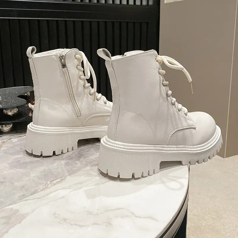 Free Shipping 2024 New Boots British Style Plush Thickened Fashionable Thick Soled For Womens Ankle Boots In White And Black 35-42 Size