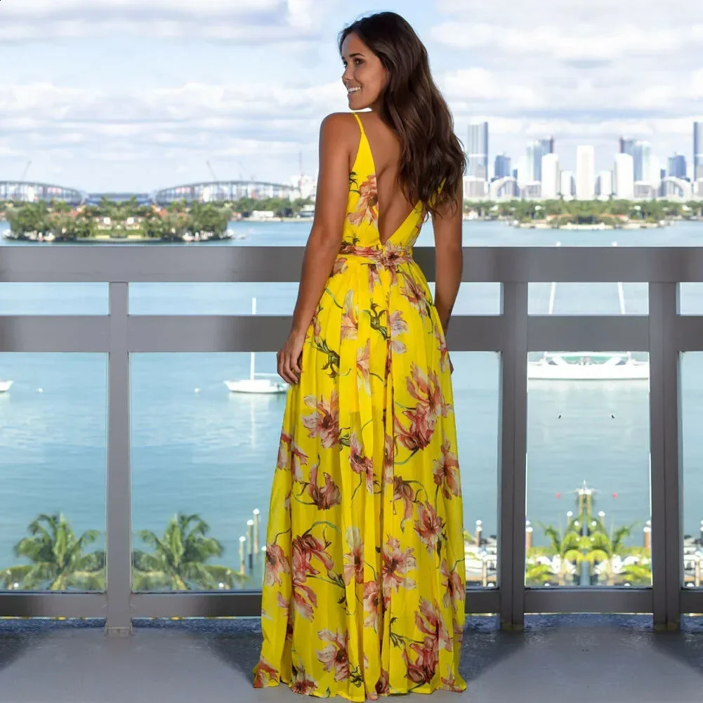 Womens Sling Floral Long Dresses Maxi Dress Casual Sundress Print Arrival Summer Boho V-neck Sleeveless Party Beach Style Type 241007