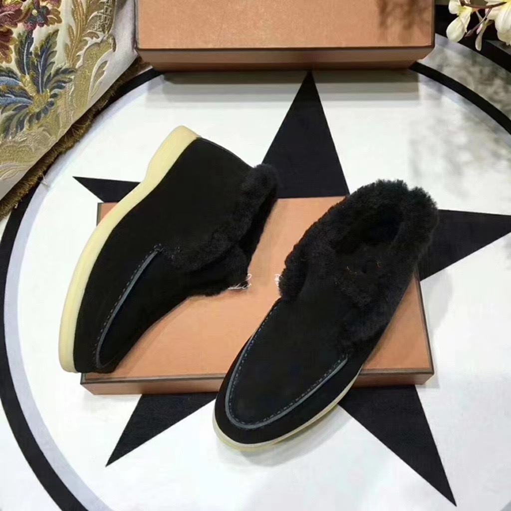 Snow Slippers Flat Boots Women's Natural Fur Warm Winter Shoes Cow Suede Loafers Black