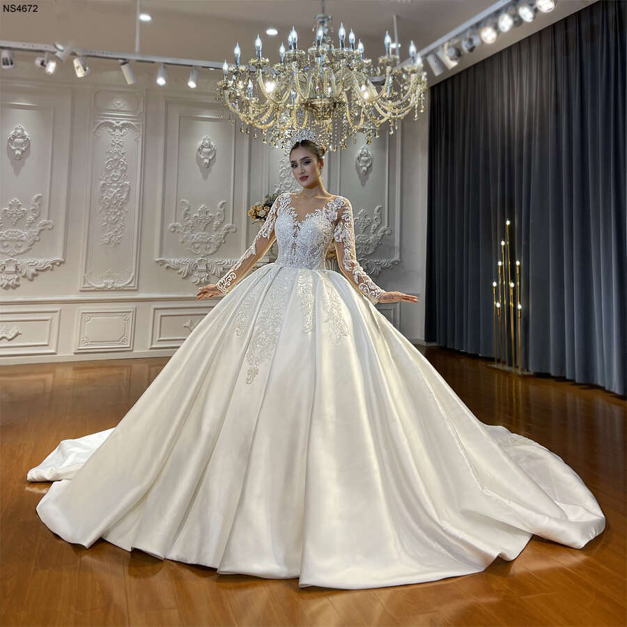 Long Sleeves Satin Wedding Dress Ball Gown