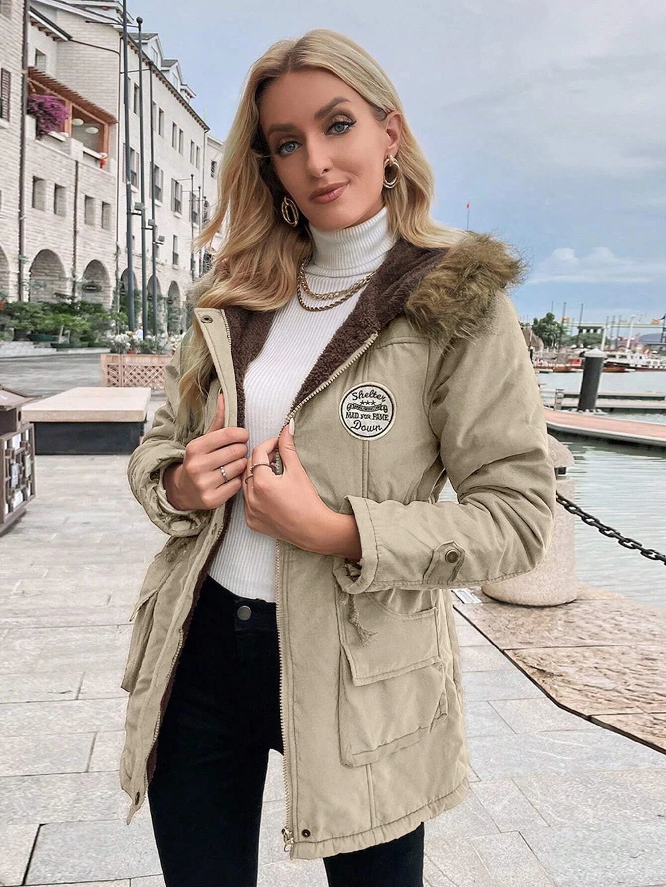 Woman Winter Padded Coat Jacket Waist Drawstring Wool Liner Hooded Fur Collar Warm Loose Fashion Parka Clothes 241011