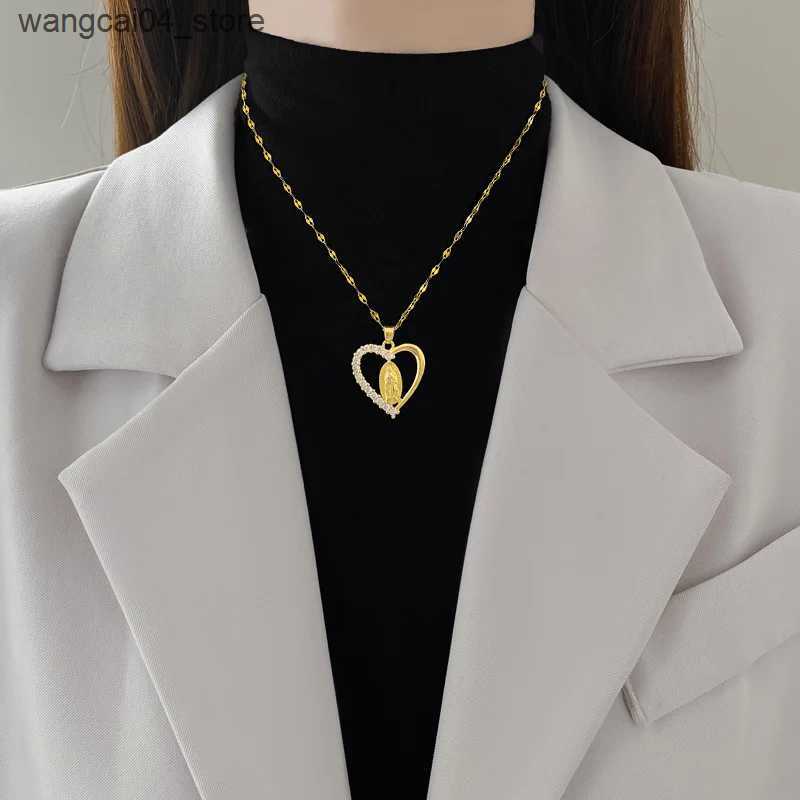 Pendant Necklaces Stainless Steel Crystal Heart Virgin Mary Necklace for Women Amulet Gold Plated Necklace Religious Jewelry Our Lady of Aparecida L24 - view 3
