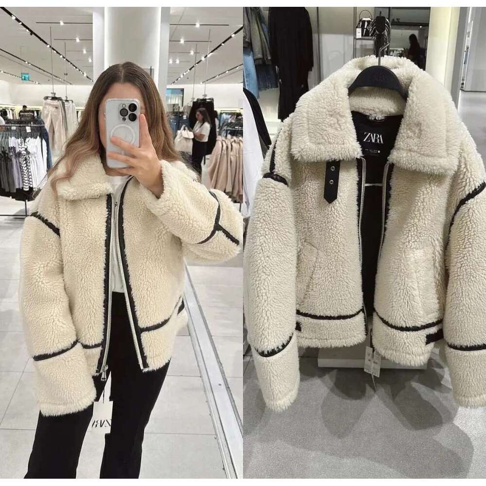 Zr Mall Style Sheep Fur Fleece Autumn/Winter Warm Comfortable Slimming Jacket Motorcycle Clip-On Leather Coat