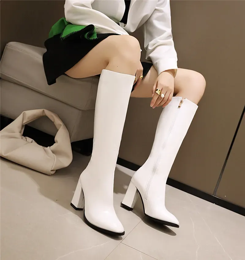 2021 Fashion Women Block 9Cm Heels Thigh Boots Winter Knee High Patent Leather Long Boot Designer Plus Size Shoes heel Platform boots 241118