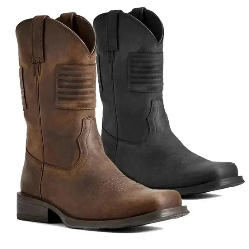 Men Square Toe Thick Heel Mid-Tube Knight Retro Distressed Western Vintage Flag Shoes Leather Boots 240612 241118