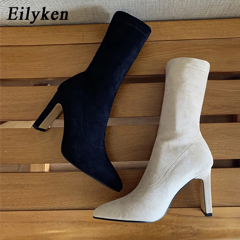 Eilyken Plus Size 34-42 High Boots Sock Ck Women Sexy Thick Heel Female Winter Pointed Toe Ankle Booties Shoes