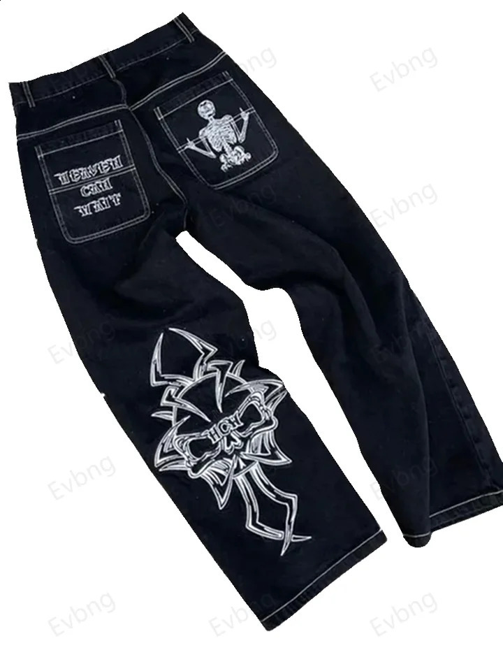 Hip Hop Y2K mens retro skull embroidery womens denim pants straight casual loose wide leg Trouser streetwear 240930