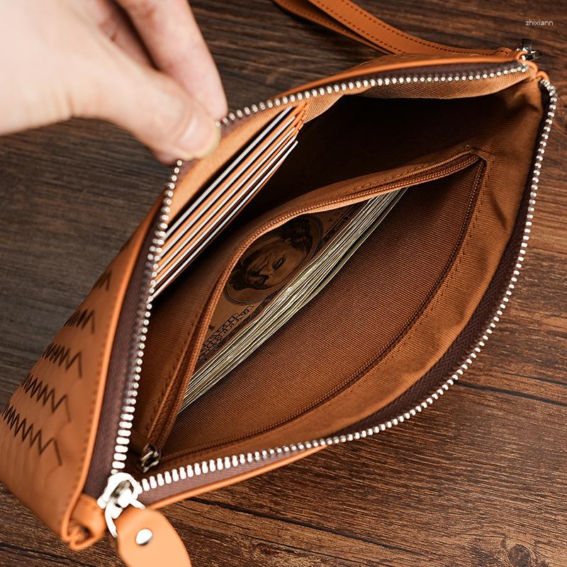 Clutch Bags Handmade Woven Pattern Leather Men's Bag Business And Women's Wrist Large Capacity IPad Wallet
