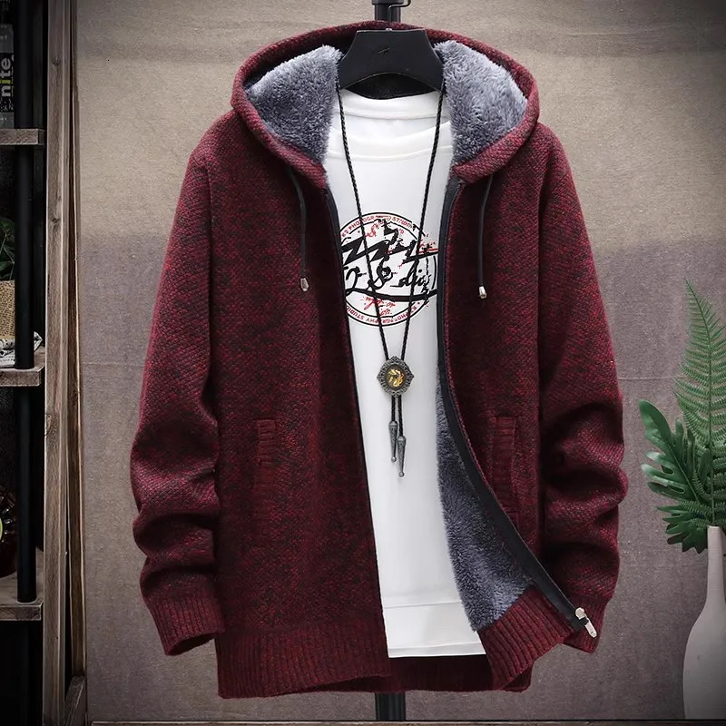 Men's Hooded Cardigan Knitted Sweater Winter Thick Fleece Warm Casual Knitwear Coat Solid Color Cardigan Men Hooded Sweaters 241010