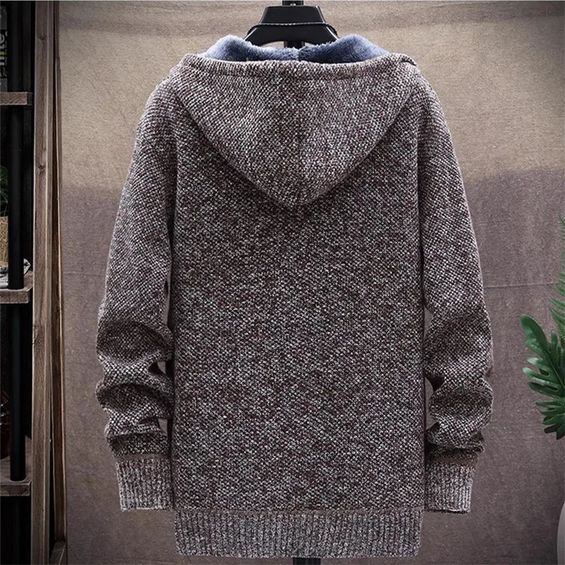 Men's Hooded Cardigan Knitted Sweater Winter Thick Fleece Warm Casual Knitwear Coat Solid Color Cardigan Men Hooded Sweaters 241010