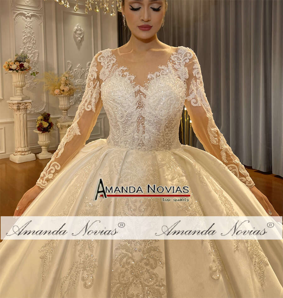 Long Sleeves Satin Wedding Dress Ball Gown