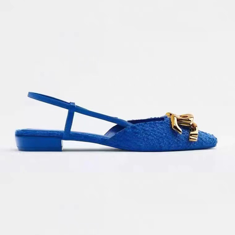 2023 Newest Summer Women Flats Metal Chain Platform Sandals Stripper Low Heels Blue Luxury Designer Mules Sandles Replica Shoes