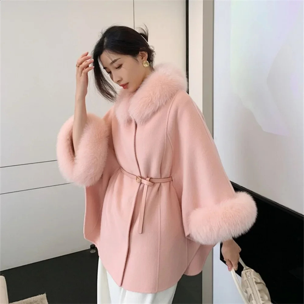 Detachable fur sleeves real fox fur collar coat wool 2024 autumn and winter womens warm A-line jacket thick womens coat 241015