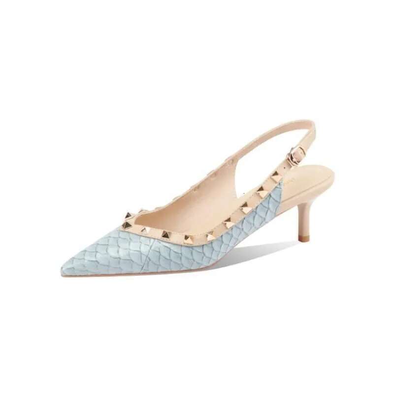 Women Sandals Rivets Pointed Toe Sgbac Patent Leather Mid Heels Pumps Blue Snakeskin Pattern Slip on Sandalias Mujer