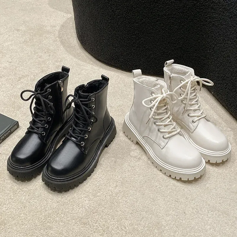 Free Shipping 2024 New Boots British Style Plush Thickened Fashionable Thick Soled For Womens Ankle Boots In White And Black 35-42 Size