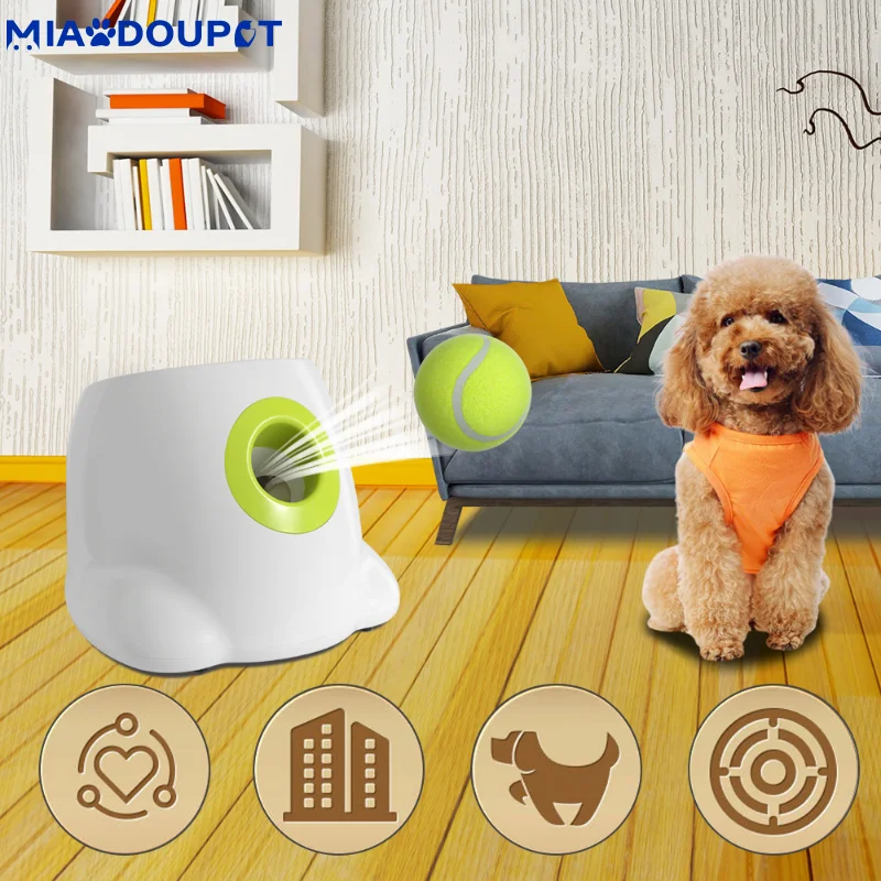 MIAODOUPET Tennis Launcher Automatic Throwing Machine Pet Ball Throw Device 3/6/9m Section Emission with 3 Balls Dog Training