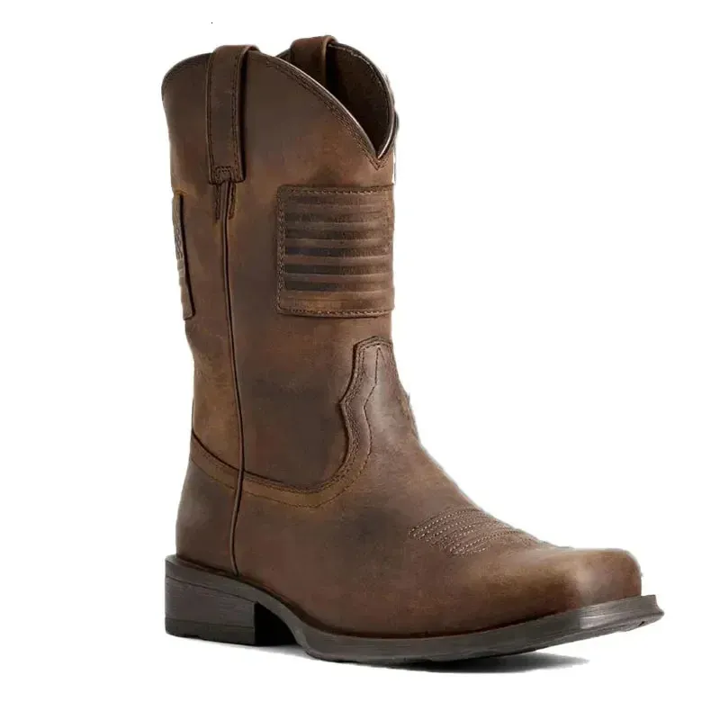 Men Square Toe Thick Heel Mid-Tube Knight Retro Distressed Western Vintage Flag Shoes Leather Boots 240612 241118