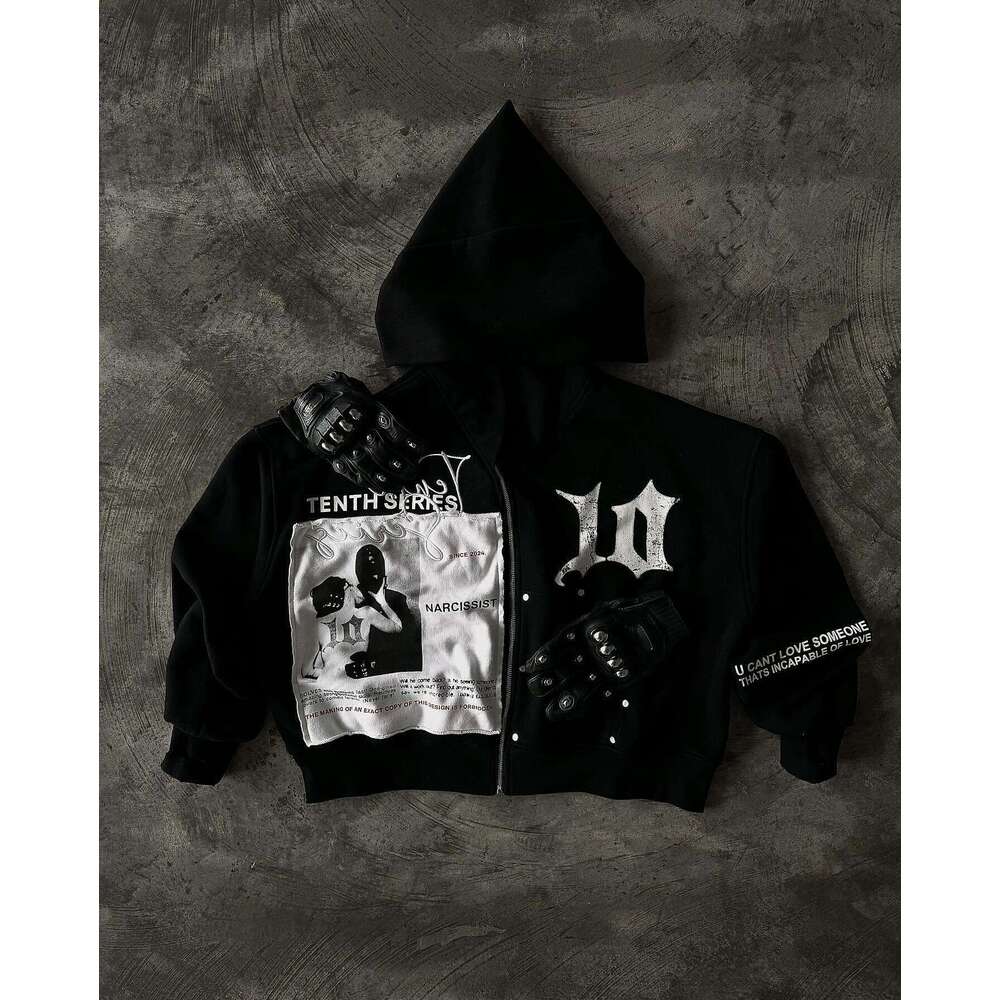 NARCISSIST Streetwear Hoodies Retro Black Patch Zip Up Hoodie Y2k Haruku Hip Hop Gothic Patchwork Jacket Coat Men Clothing