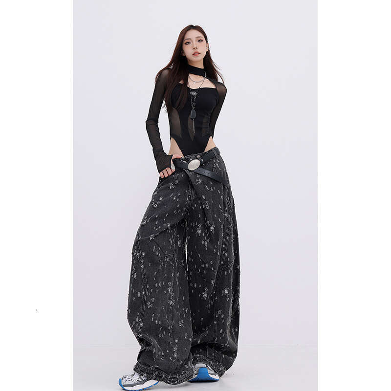 Autumn Vintage Hole Raw Trim Y2k 90S Baggy Black Jeans Women Streetwear High-Waisted Loose Washed Straight Wide-Leg Denim Pants